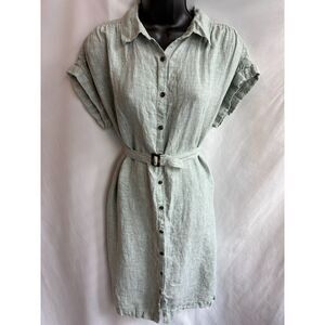 C&C Sage Green Midi Dress 100% Linen Button Front Belted Size M Classy Lagenlook